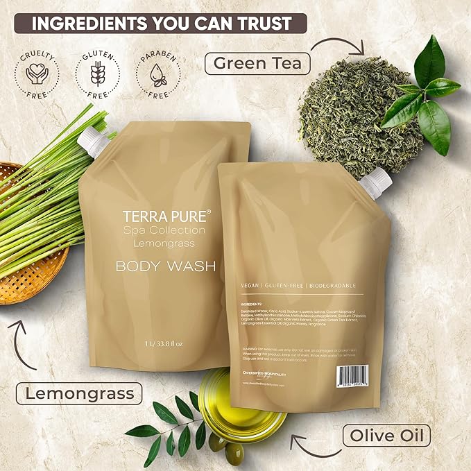 Terra Pure Spa Collection 1 Liter Body Wash Refill Bag For Soap Dispensers | Bulk Toiletries for Vacation Rentals, and Home Bathroom Showers | Green Tea Lemongrass | Set of 12