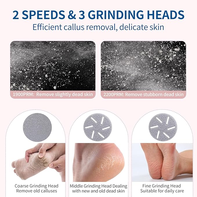 Electric Foot Callus Remover with Dander Vacuum, Rechargeable Waterproof 3 Roller & 2 Speeds Foot File,Professional Portable Pedicure Tool for Care of Dead Skin,Chapped,Callus,Cracks