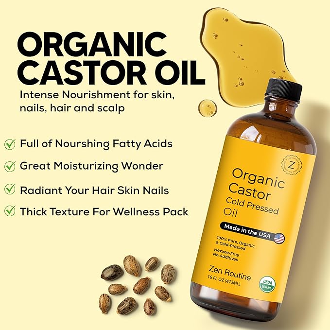 Zen Routine Organic Castor Oil 16oz Cold Pressed Unrefined Glass Bottle Hexane Free Pack – Aceite de Ricino Hair Growth Oil for Hair, Lashes & Stomach – USDA Certified Made in USA