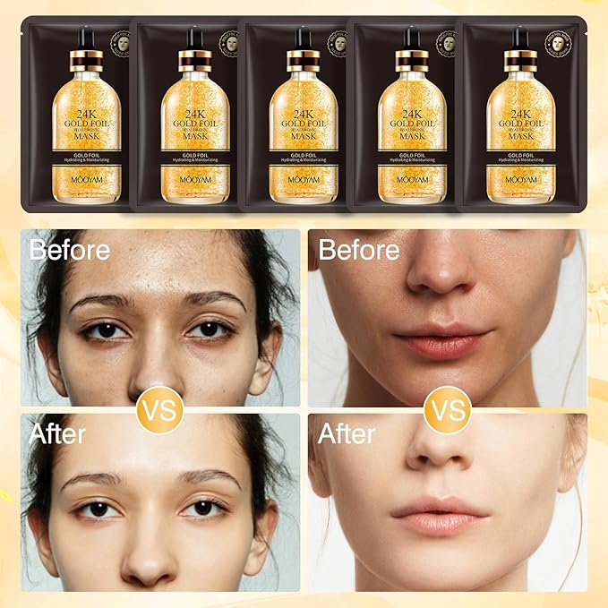 24K Gold Facial Mask for Women,Hydrating Face Mask Sheet Home SPA,Moisturizing Face Sheet Mask for Dry,Oily,Sensitive Skin 25ml（5Pack）