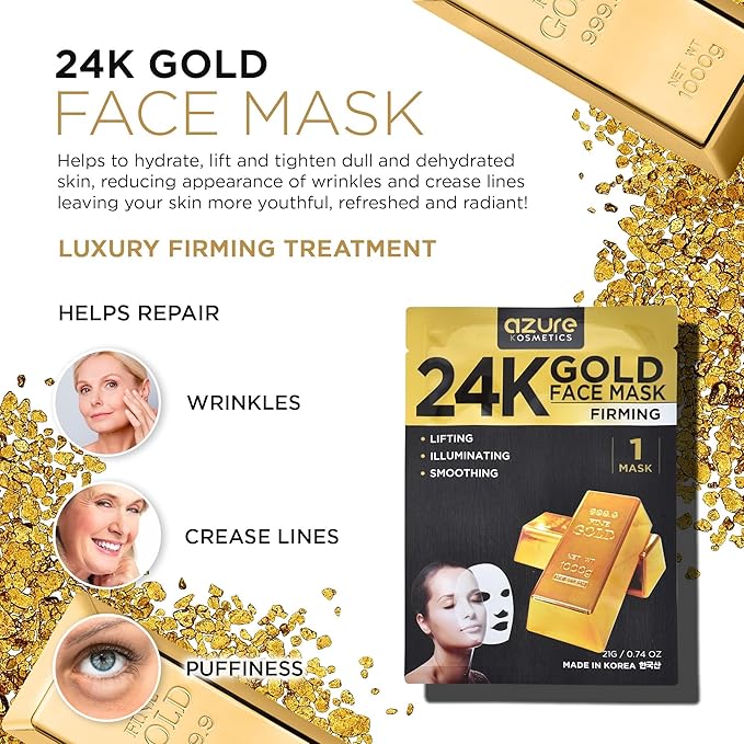 AZURE 24K Gold Face Mask- Anti Aging, Hydrating, Toning Facial Mask - Helps Reduce Wrinkles & Fine Lines with Hyaluronic Acid & Collagen - Skin Care Made in Korea - Pack of 10