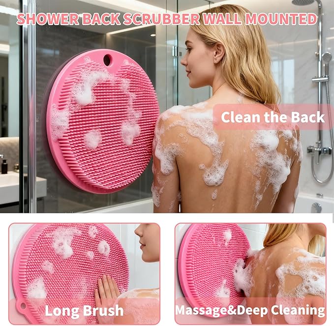 2 Pack Shower Foot Scrubber & Shower Back Scrubber Wall Mounted with Delicate Brush,Circular Design Shower Back Scrubber,Non-Slip Foot Scrubber Mat(Grey and Pink)