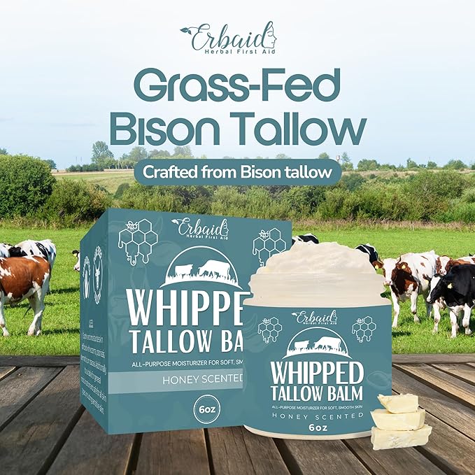 Beef Tallow Balm – Natural Grass Fed Whipped Tallow and Honey All Purpose Balm – Moisturizing Face and Body Lotion for Eczema, Cracked, Dry, Itchy, Irritated Skin – Skin Repair Skincare Made in USA