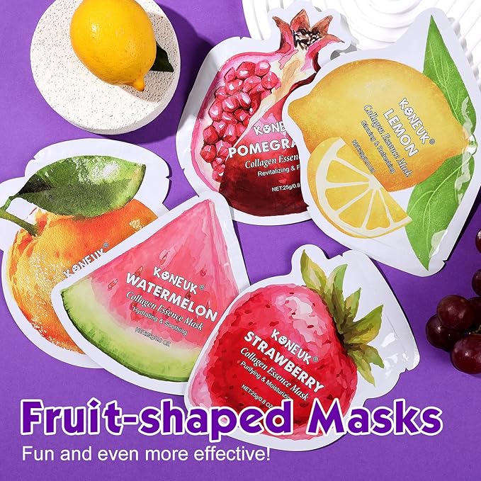 18 Pack Fruit Shaped Face Masks Skincare, Collagen Hydrating and Moisturizing Sheet Face Mask Skin Care, Bulk Christmas Gifts, Spa Party Gifts and Stocking Stuffers for Women
