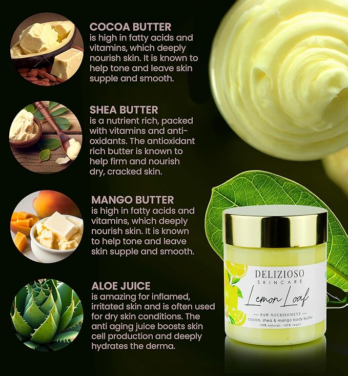 Lemon Loaf 100% Natural & Vegan Raw Nourishment Body Butter - Cocoa, Shea & Mango Butter - Rich, Quick Absorbing Moisturizer For Body, Hands & Feet - Handmade, Cruelty Free, with Organics