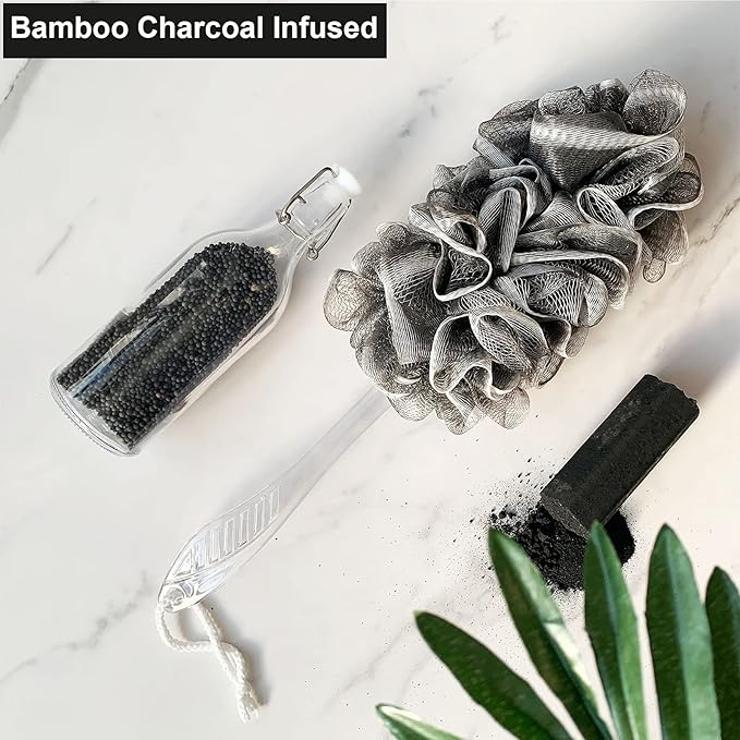 Black Charcoal Loofah for Mens - Back Loofah Scrubber with Handle - Long Handle Bath Brush - 2 Pack