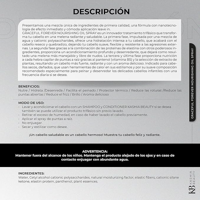 Kashia Beauty Graceful Forever Nourishing Oil Spray 9.6 oz – Leave-In Three-Phase Treatment with Nano Technology – Hydrating Detangler & Thermal Protector for Radiant Healthy Hair