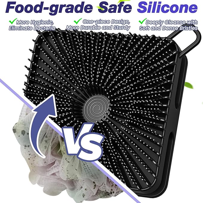 Manmihealth Dual-Sided Silicone Body Scrubber Scalp Massager & African Bath Sponge Net Set, 2-in-1 Silicone Shower Shampoo Brush Africa Wash Net Combination, Lather Well, Strong Exfoliating (Black)