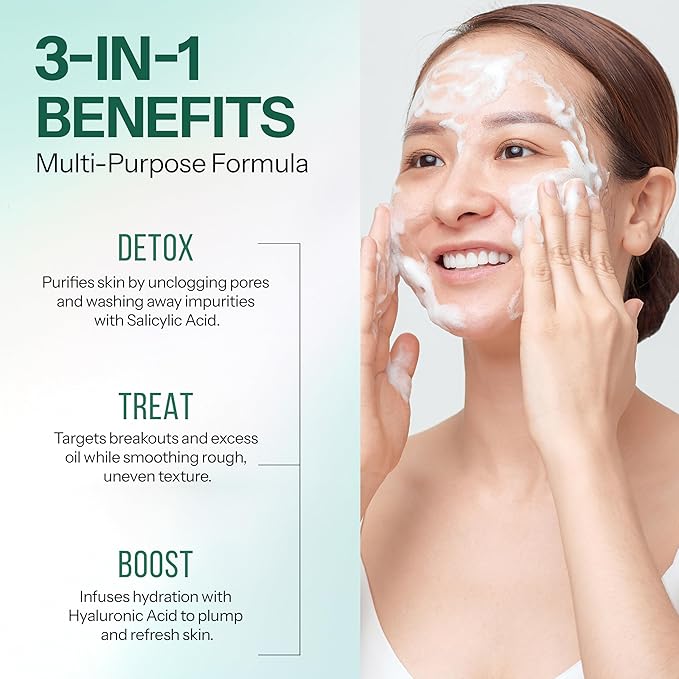 Foaming Facial Cleanser with Hyaluronic Acid + Salicylic Acid - 3-in-1: Detox, Treat, Boost - Deep Purifying & Hydrating Face Wash - Dermatologist Tested, All Skin Types - 2 Pack