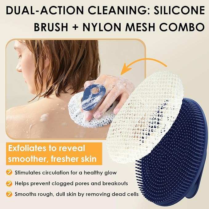 INNERNEED 2 Pieces African Net Sponge Exfoliating Shower Mesh Bath Washcloth Case, with 1 Silicone Body Scrubber Brush (Darkblue)