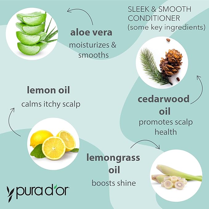 PURA D'OR Sleek & Smooth Conditioner (16oz) Anti-Frizz Formula For Luminous Hair, Easy to Comb, Detangling and Moisturizing, with Organic Aloe Vera, Organic Cedarwood Oil & Lemon Oil