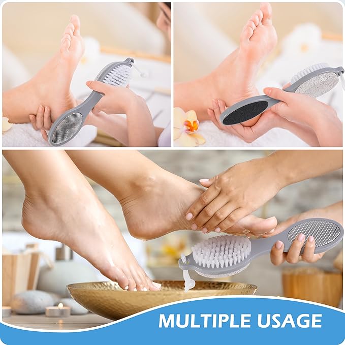 2 Pcs 4 in 1 Foot Brush for Use in Shower with Pumice Stone, Foot Rasp and Sandpaper, Foot Scrubber Brush for Feet, Dead Skin Remover for Foot Care
