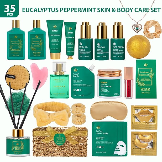 35 Pcs Christmas Gifts for Women, Eucalyptus Bath & Body Gift Basket, Self-Care Relaxation Set, Face Skin Care Kit, Home Spa Gift, Bath Bomb, Face Oil, Birthday, Valentines, Mother's Day, Anniversary