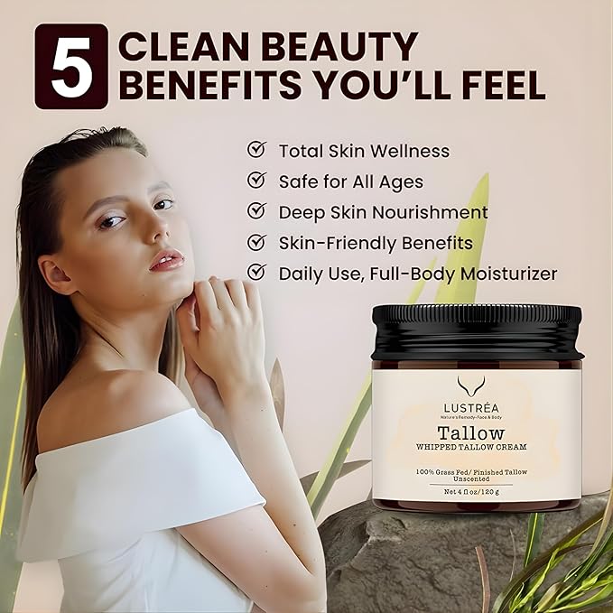 Whipped Tallow Cream 4oz | Grass Fed Beef Tallow Balm for Face & Body |Tallow Moisturizer for Dry Skin, Sensitive Skin (120 gram, Clean Cloud)