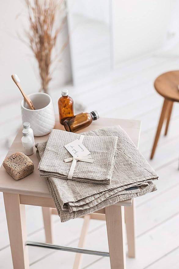 4-Piece 100% Linen Towels Set - 2 Bath Towels Set, 2 Hand Towel Sets - Natural Fiber Waffle Towels for Bathroom Thin Pre-Washed Lightweight Quick-Dry Absorbent