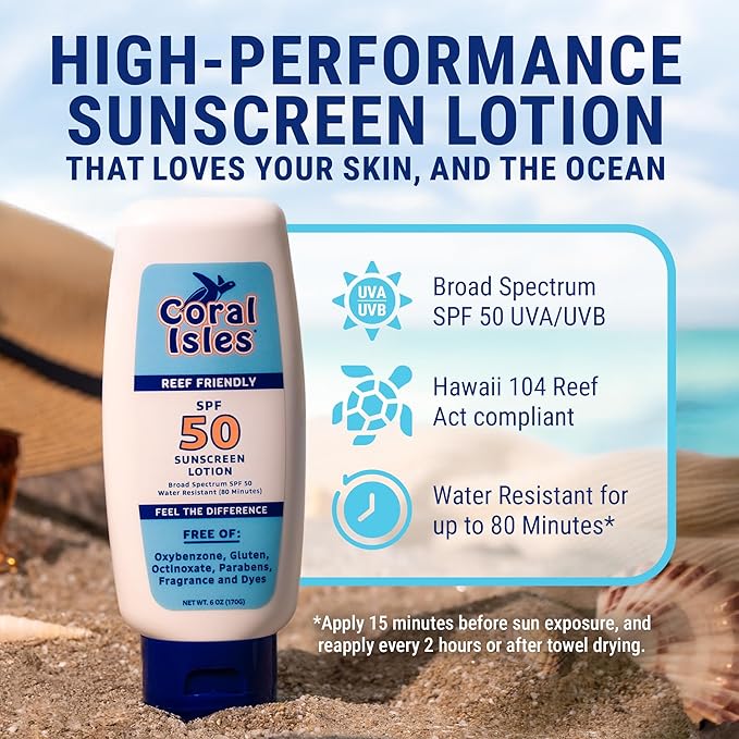 Coral Isles Sunscreen SPF 50 | Hawaii Reef-Safe Act Compliant | Octinoxate & Oxybenzone Free | Broad Spectrum UVA/UVB Protection | Water Resistant 80 Min. | Fragrance Free | 6 Fl Oz Lotion