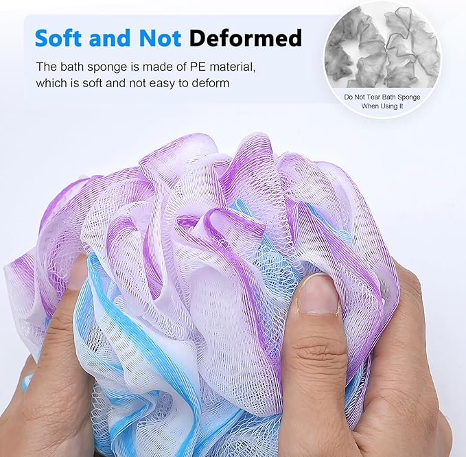 Loofah on a Stick PE Soft Mesh Luffa with Non-Slip Wooden Handle Made of Soft and Sturdy Rubber Material Back Scrubber for Shower for Women and Men with String for Easy Hanging(Purple Blue White)