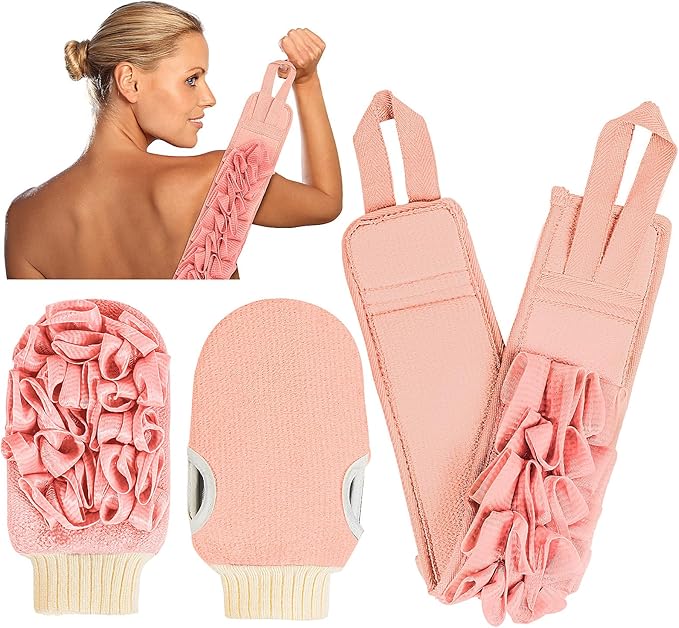 Deep Exfoliating Glove for Shower Double-Sided Mitt, with Extra Long Exfoliating Washcloth - Extreme Body & Back Scrubber for Shower, Massage Scrub Exfoliator & Bath Loofah Sponge (2-Pink)