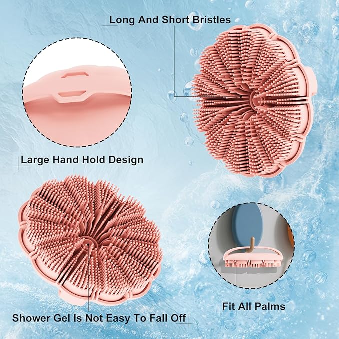 Silicone Body Scrubber Shower Brush, Exfoliating Body Wash Scrubbers for All Skin Types, Ergonomic No-Slip Handle, Body Brush for Showering (Pink)