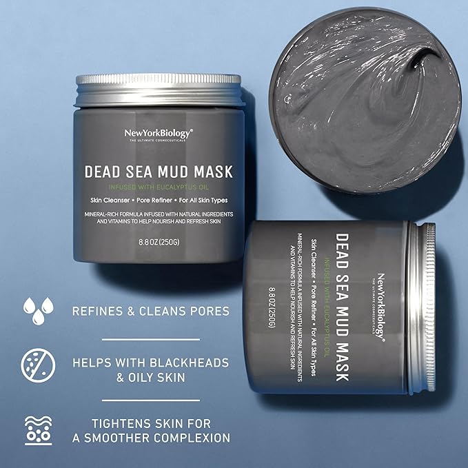 New York Biology Dead Sea Mud Mask for Face and Body | with Eucalyptus | Spa Quality Pore Refiner for Oily Skin | Natural Skincare for Women & Men | Tighten Skin for A Healthier Complexion | 8.8 oz