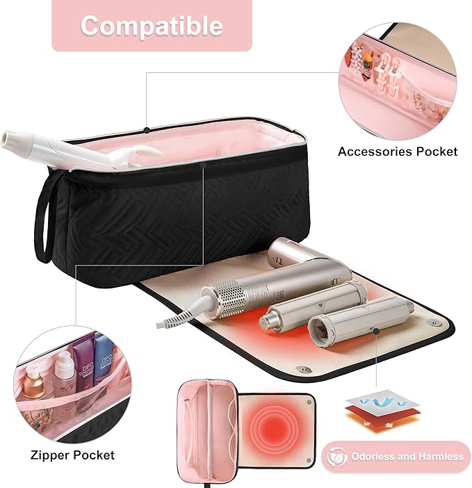 Leudes Hair Tools Travel Bag for Women Heat Resistant Mat for Travel Essentials Hot Tools Straighteners,Flat Irons,Curling Iron,Hot Air Brushes and Hair Dryer Organizer Bags 2 in 1(Black)