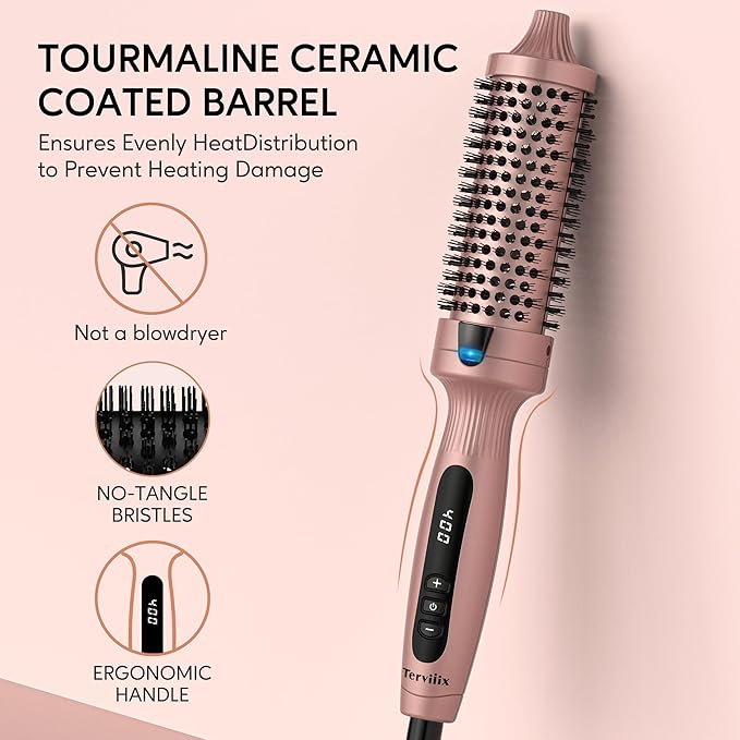 Terviiix Thermal Brush Get Voluminous Style, Quick Heating Hot Brush, Ceramic Tourmaline Ionic Heated Curling Iron, Digital Display 9 Temperatures Curling Wand, Dual Voltage, 1.5 Inch