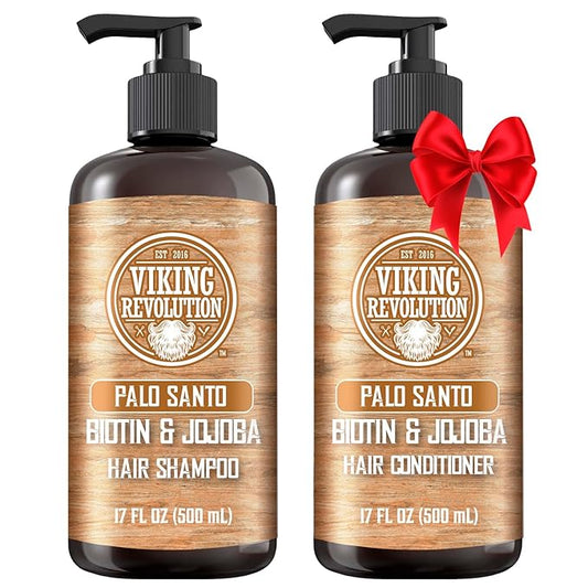 Viking Revolution Palo Santo Mens Shampoo and Conditioner Set with Biotin and Jojoba Oil - Natural Hair Shampoo and Hair Conditioner for Men with Vitamin B5 - Shampoo and Conditioner Set Men (17Oz)