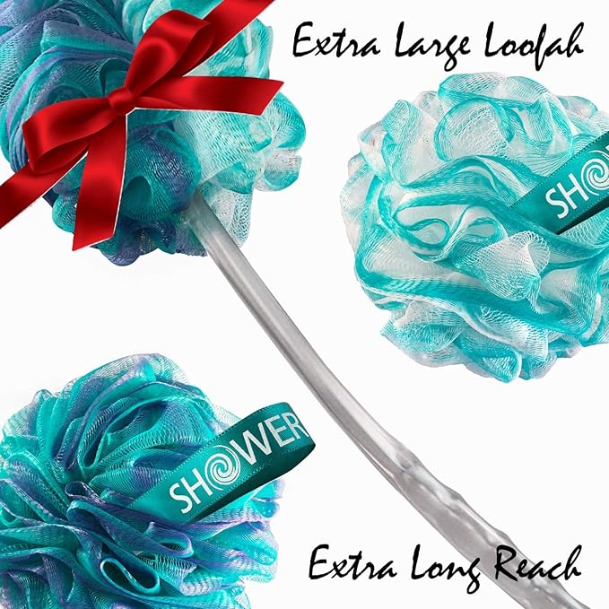 SHOWER BOUQUET 2-Sided-Loofah-Back-Scrubber & Bath-Sponge Set // 1-Long-Handle-Back-Brush Plus 2-Extra-Large 75g Soft Mesh Poufs, Men & Women - Exfoliate with Full Pure Cleanse in Bathing Accessories