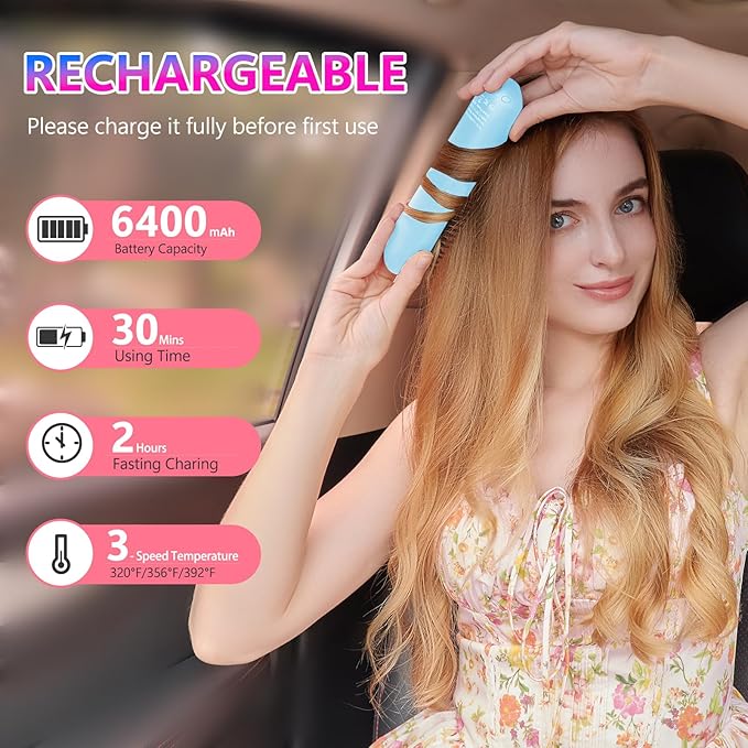 LCD Screen Cordless Hair Straightener Curler 2 in 1, Portable Mini Hair Straightening Brush for Travel Negative Ionic Fast Heating Hot Comb for Women, Folding Brush with Mirror, Blue