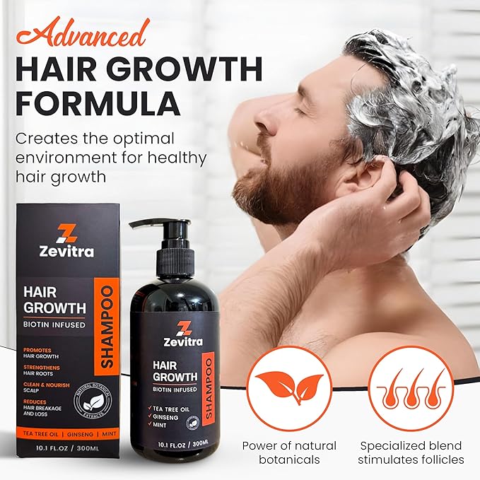 Hair Growth Shampoo - Biotin Infused Natural Botanical Formula with Tea Tree Oil, Ginseng & Mint for Stronger Hair and Healthy Scalp - 10.1 FL.OZ / 300ML