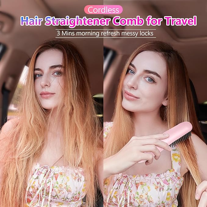 LCD Screen Cordless Hair Straightener Curler 2 in 1, Portable Mini Hair Straightening Brush for Travel Negative Ionic Fast Heating Hot Comb for Women, Folding Brush with Mirror, Pink