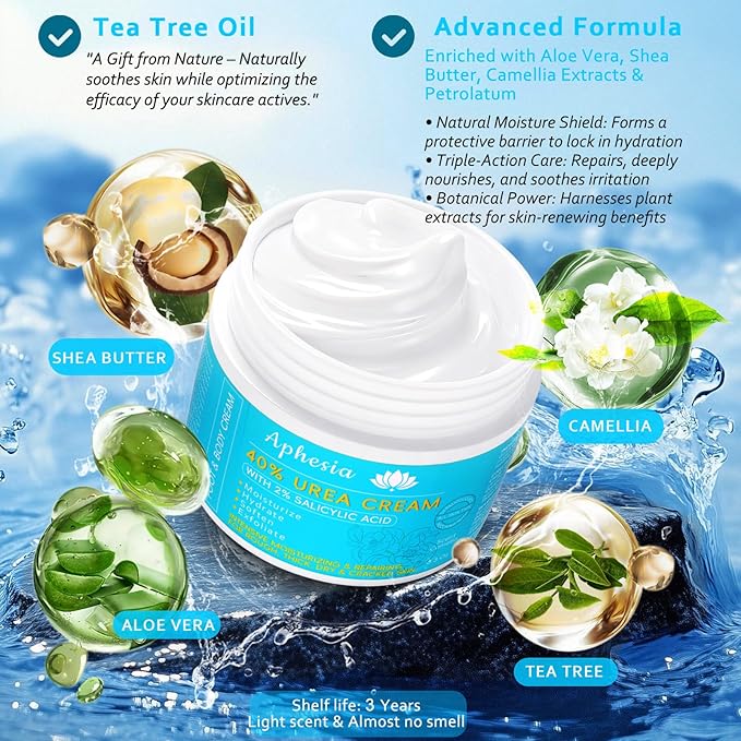Updated Urea Cream for Feet with Maximum Strength 40% Urea, Plus 2% Salicylic Acid 5.3 Oz Lightweight Foot Body and Hand Moisturizing Cream with Vitamin E, B6 & Shea Butter (Light Camellia)