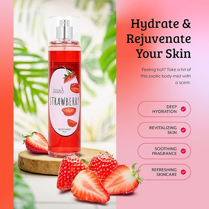 Home Spa Gift 10oz Deep Moisturizing Fragrance Body Lotion & 8 oz. Fine Fragrance Body Mist Set Luxury Self-Care Combo for Women and Girls (Strawberry)