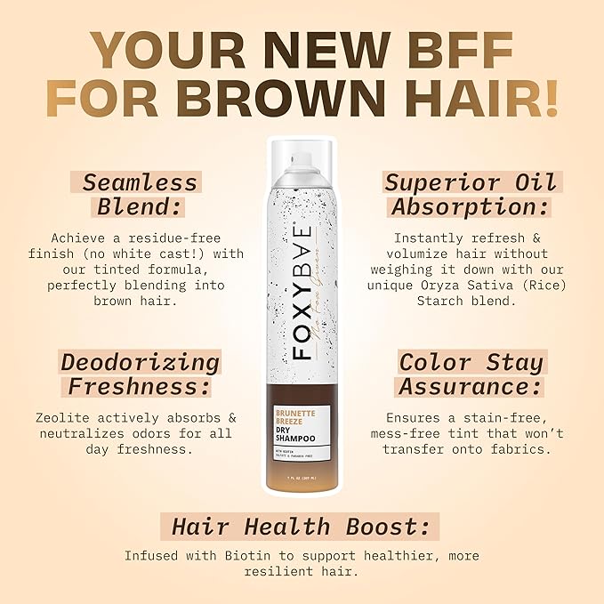 FoxyBae Dry Shampoo Spray – Biotin-Infused Volumizing Formula – Deodorizing, Sulfate-Free Option for Dark & Brunette Hair – Brunette Breeze – 7 fl oz