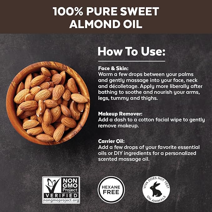 Viva Naturals Sweet Almond Oil, 16 fl. oz – Skin & Hair Moisturizer, Body & Massage Oil, Carrier Oil for Essential Oils, Non-Greasy & Pure