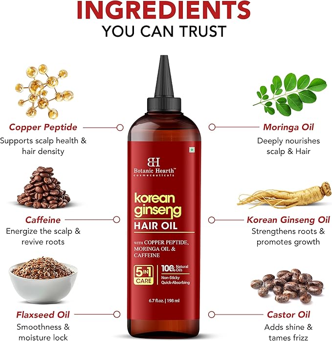 Botanic Hearth Korean Ginseng Hair Oil 6.7 fl oz | Nourishing & Strengthening Hair Growth Oil | Lightweight, Non-Sticky Formula with Natural Oils for Healthy Scalp & Stronger Hair