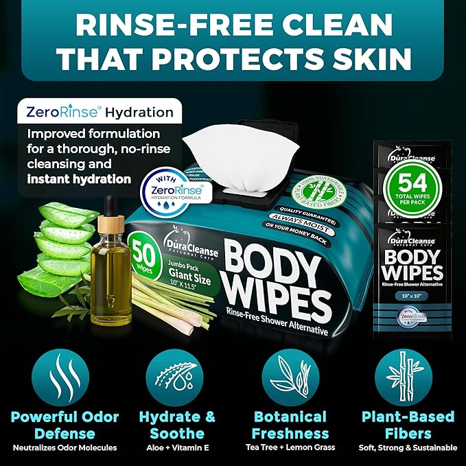 XL Body Wipes for Men – 50 No Rinse Shower Sheets + 4 Travel Bath Sachets, 10" x 11.5" Adult Disposable Washcloths and Face Towels for Camping, After Gym and Survival Gear
