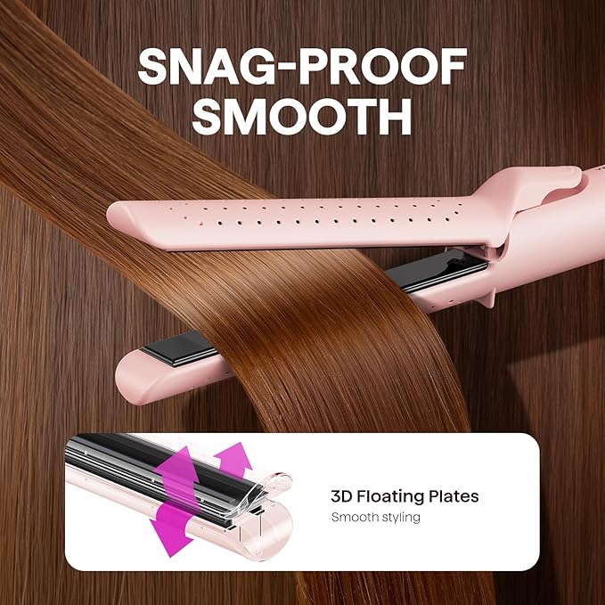 Wavytalk Airflow Styler Curling Iron, Cool Curl, 360° Cool Air Lock in Style for Lasting Curls, Reduces Damage, 2 in 1 Hair Straightener and Curler, 1.25 Inch Anti-Scald for Short Long Hair, Pink