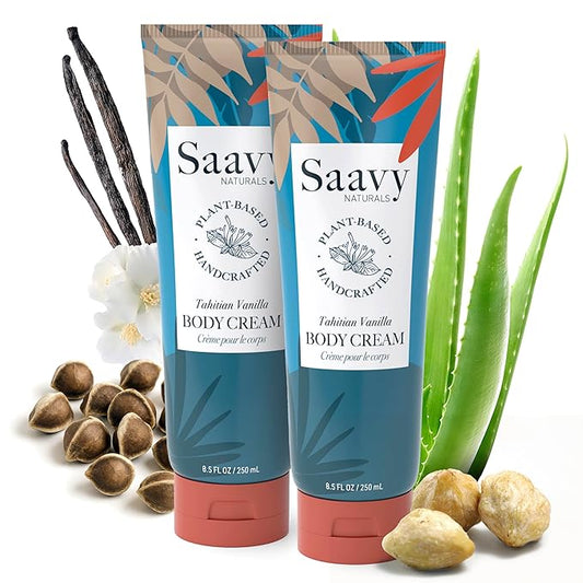 Saavy Naturals Body Cream Tahitian Vanilla, Clean Plant-Based Ingredients - Made In USA - Absorbent Shea Butter Vegan, Thick and Creamy Body Moisturizer, Body Lotion for Dry Skin- 8.5 Fl Oz, 2 Pack