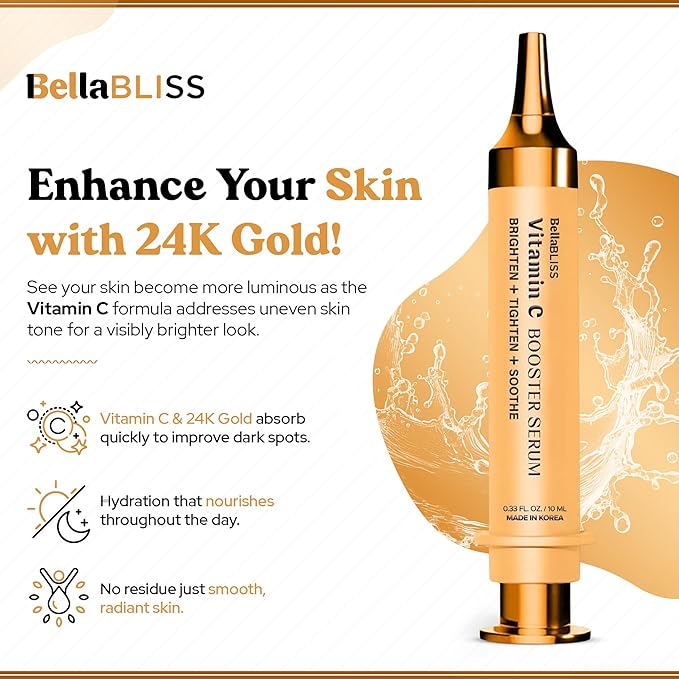 BellaBLISS 24K Gold Vitamin C Eye Serum – Lightweight Under Eye Treatment for Puffiness, Fine Lines & Soothing – Hydrating Formula with Glycerin – Made in Korea – 0.33 fl oz / 10 ml – Pack of 1