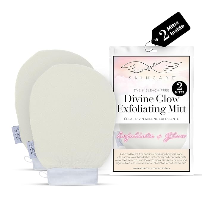 Seraphic Skincare (Original) Divine Glow Exfoliating Mitt (2pcs) – 100% Vegan Viscose Traditional Body Scrub Glove Kessa Korean Washcloth – Body Exfoliator for Self-Tan Removal & Keratosis Pilaris