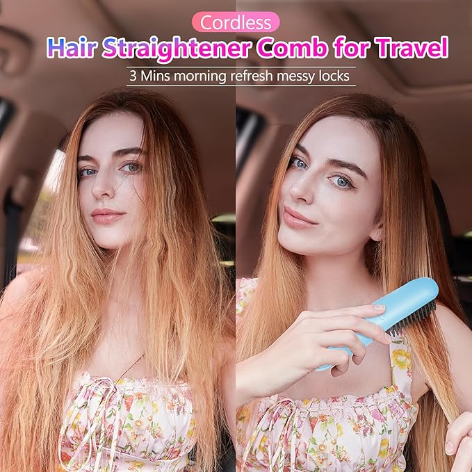 LCD Screen Cordless Hair Straightener Curler 2 in 1, Portable Mini Hair Straightening Brush for Travel Negative Ionic Fast Heating Hot Comb for Women, Folding Brush with Mirror, Blue