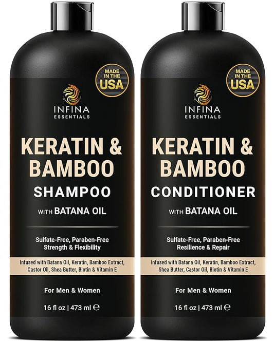 Keratin Shampoo and Conditioner Set | 16 fl oz Each | with Batana Oil & Bamboo Extract | Controls Frizz, Strengthens, Nourishes, & Adds Shine for Smoother Hair