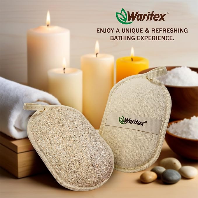 Waritex Egyptian Loofah Exfoliating Body Scrubber with Hand Strap, Oval Shower Pads Made from Natural Egyptian Loofah Fibers, Gentle Cleansing for Face and Body, for Men and Women 3 Count (1 Pack)