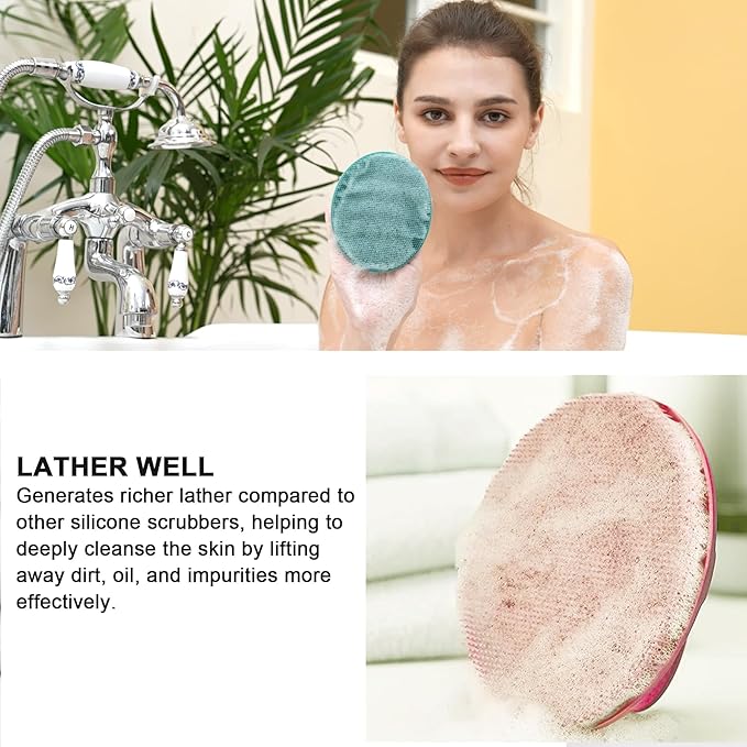 Soft Silicone Body Cleansing Brush Shower Scrubber, Gentle Exfoliating and Massage for All Kinds of Skin (Pink+Dark Green)
