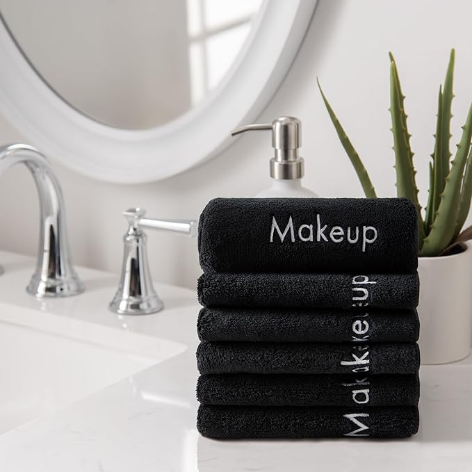 Arkwright Makeup Towels - Pack of 6 - Ultra Soft & Gentle Microfiber Coral Fleece Washcloth Face Make Up Remover, Reusuable Eraser Cloth Essentials for Hosts & Artists, 13 x 13 in, Black