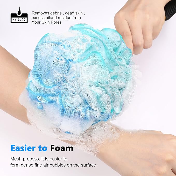 Loofah on a Stick PE Soft Mesh Luffa with Non-Slip Wooden Handle Made of Soft and Sturdy Rubber Material Back Scrubber for Shower for Women and Men with String for Easy Hanging(Blue Green White)