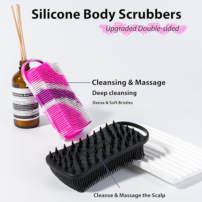 2 PC Silicone Body Scrubber, 2 in 1 Exfoliating Shower Bath Scrubber, Soft Silicone Loofah for Sensitive Skin, Shower Hair Scalp Massager, Easy to Clean, Lather Well (Black&Purple)