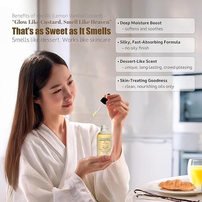 Lemon Vanilla Custard Oil with All-Natural Moisturizing Body Oil for Soft, Glowing Skin with Almond & Jojoba Oil (4 fl oz)