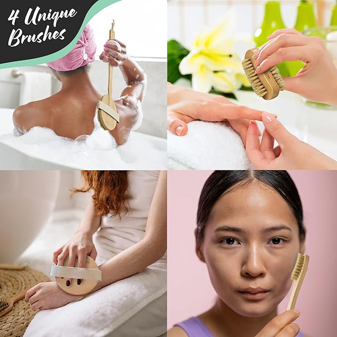 Nevlers Natural Boar Bristle Dry Brush for Body Massage 5-Piece Set | Detachable Long Wooden Handled Back Scrubber for Shower, Body Scrubber Exfoliator, Face Brush, Manicure Tool & Cloth Travel Bag